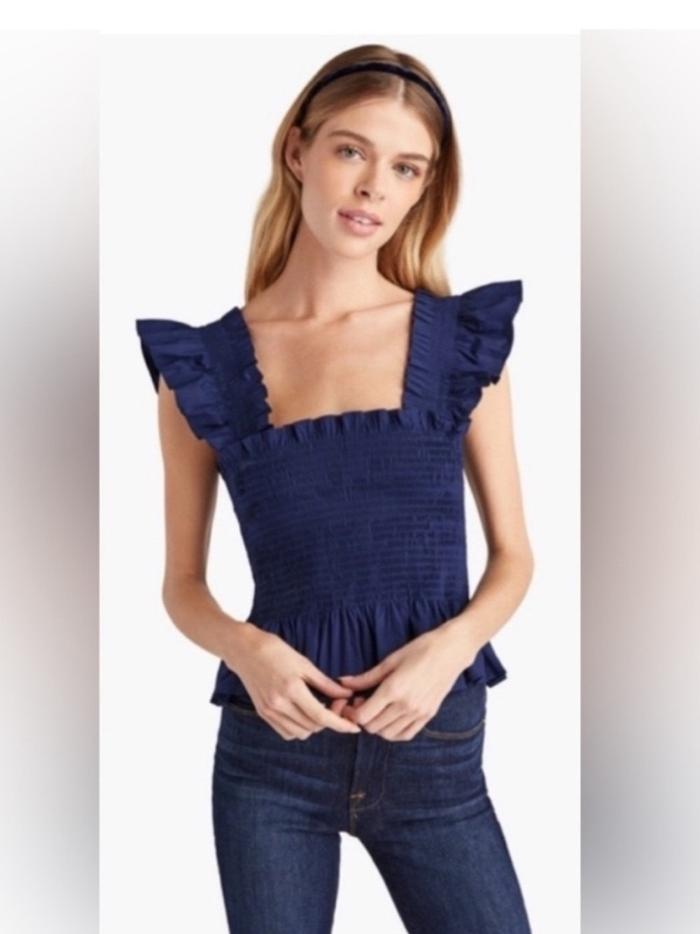 Hill House Navy Ruffle Smocked Tank